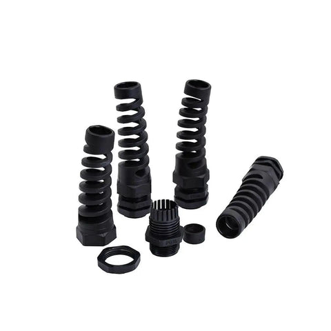 IP68 Waterproof M22 PG16 Cable Gland Connector With Spiral Flex Strain Relief, Lock Nut, Rubber Washer in 5-piece kit, Black PA66 Body