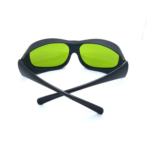 Real Deal Eye Protection With Heavy Duty Infrared Laser Glasses For Dental Diode Tools Featuring OD 1 At 660 Nm And OD 5 Up To 1095 Nm With Clear Coated Lenses For Rock Solid Defense And Smooth Clinic Workflow - front view with black frame and green lenses.