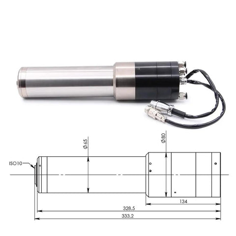 Heavy Duty 1.2KW Water Cooled ATC Spindle ISO10 Taper with connectors and dimensions for CNC routing at 30000 RPM.