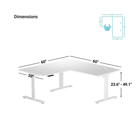 Total Game Changer Electric Height Adjustable Standing Desk With Chill L Shaped Corner Layout, 60 By 60 Inch dimensions illustration.