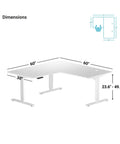 Game Changing L Shaped Electric Standing Desk With 60X60 Inch Work Surface showing dimensions, 60x30 inch top, adjustable height 23.6-49.1 inches.