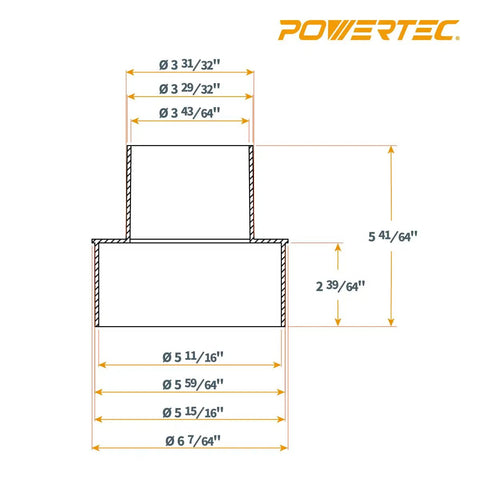 Technical drawing of Dust Collection Reducer Adapter 6 Inch OD To 4 Inch OD For Shop Dust Collection ABS Plastic Black Reliable Hose Connector