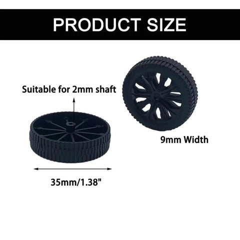 20 Pack Plastic Toy Wheels With 2mm Shafts And Round Axles For RC Cars And DIY Models, 35mm Diameter Wheels, 9mm Wide, Black