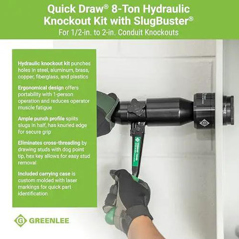 Quick Draw 8 Ton Hydraulic Knockout Punch Kit in use for 1/2 to 2 inch holes, cutting through various materials with precision.