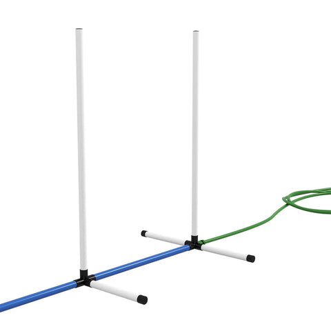 Two Piece Dog Agility Training Equipment Set With Water Spray Tube And Weave Poles, white gear showing poles and water tube.