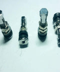 Motorcycle tire valve stems; 4 silver stainless-steel tubeless stems with rubber seals and hex heads (front view).
