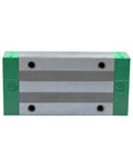 One Piece 20mm Linear Guide Slider Carriage Block for Precision Motion in CNC Machines, side view, metal and green accents