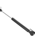 Side view of black gas-spring hinge with chrome rod and mounting plate for cabinet soft-close doors