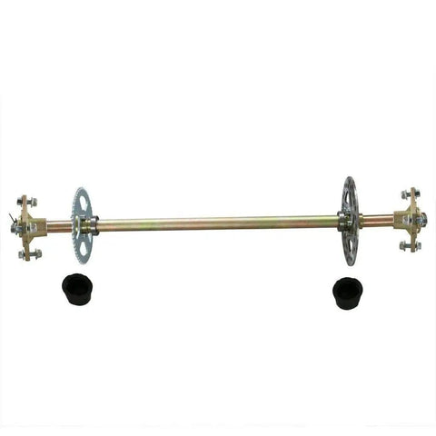 Full view of the Upgraded 740mm Go Kart Rear Axle Complete Kit With Brake Assembly Without Chain Sprocket for DIY projects.