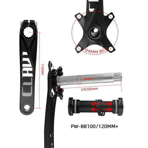 Fat Bike Crankset Hollow Integrated 170mm Arm With 32T 34T 36T 38T 40T 42T Single Chainring 104 BCD Aluminum Alloy For Snow And Beach Bikes Includes Bottom Bracket And 176mm 192mm Shaft Lengths, displaying parts layout.
