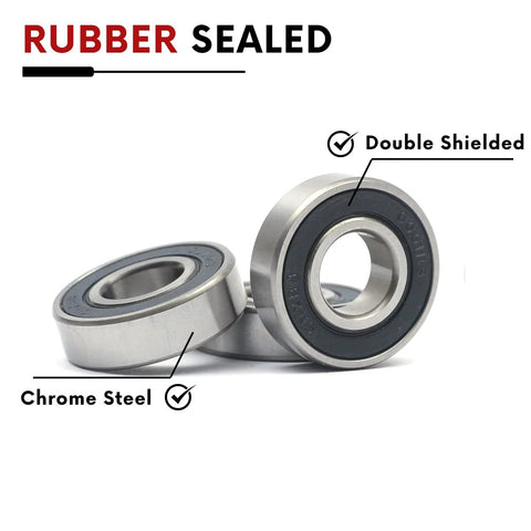 Two chrome steel rubber-sealed deep groove ball bearings, 12x28x8mm, front view.
