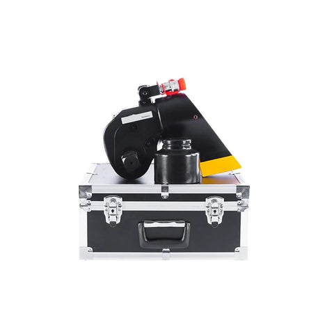 No Hassle Hydraulic Electric Torque Wrench One Point Five Inch Square Drive Automatic Ratcheting on black case.