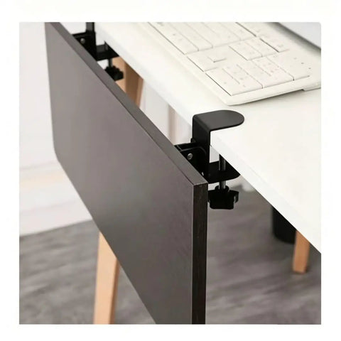 Heavy Duty Foldable Shelf Brackets For Desk Extension Clamps Punch Free Tabletop Mount Black Steel attached to a wooden desk.