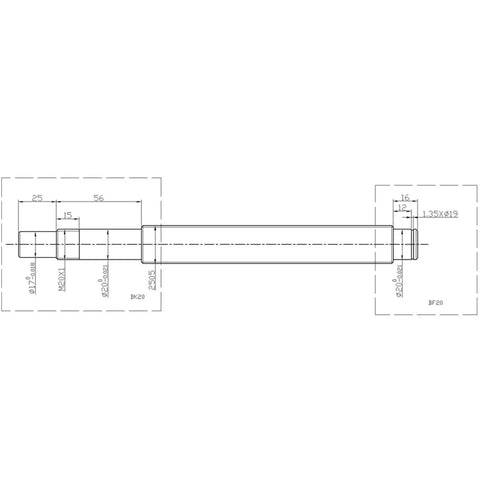 Check out This Insane 25mm SFU2505 Ballscrew Kit With C7 Grade精度 Single Nut BF20 And HM20 Coupler DSG25H For High Speed CNC Parts Or DIY Builds That Need Serious Precision And Reliability To Get Job Done Right. technical drawing of 25mm SFU2505 ballscrew with BK20 and BF20 ends