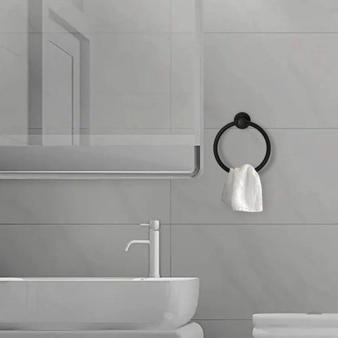 Stainless Steel Towel Ring For Bathroom Wall Mounted Holder Black Matte Finish shown in modern bathroom setting with towel