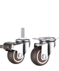 Heavy Duty Rubber Swivel Furniture Casters With Brake For 1, 1.25, 1.5, And 2 Inch Stems, shown with one locking brake and one mount