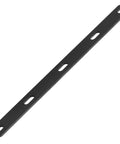 Heavy Duty Six Piece Flat Mending Plates Tough As Nails Black Powder Coated Metal Brackets Built Different For Quick Wall Fix 16 Inch by One And An Eighth Wide Eight Gauge Solid Steel Reinforcement Strips on white background.