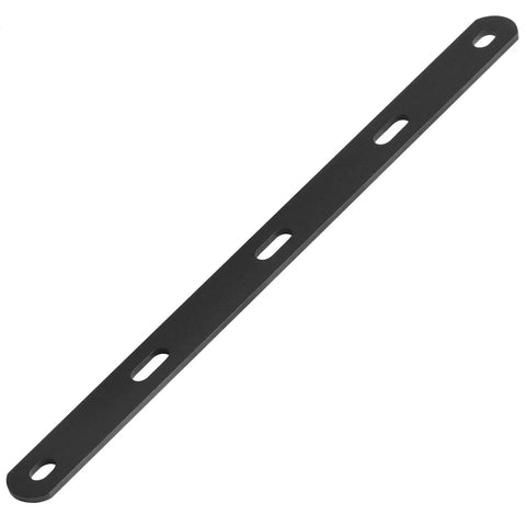 Heavy Duty Six Piece Flat Mending Plates Tough As Nails Black Powder Coated Metal Brackets Built Different For Quick Wall Fix 16 Inch by One And An Eighth Wide Eight Gauge Solid Steel Reinforcement Strips on white background.