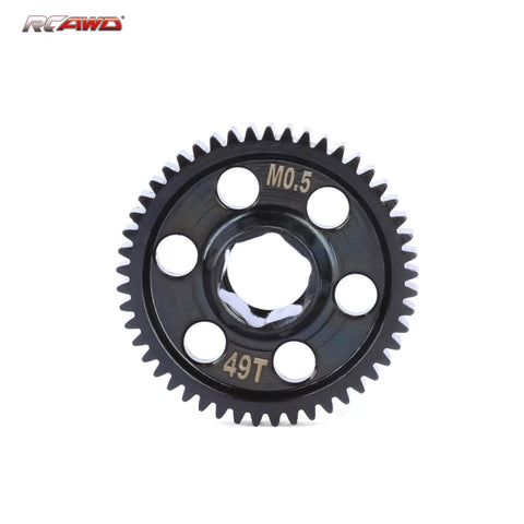 49T 0.5 Mod CNC Spur Gear Upgrade For Typhon Granite Mojave And Losi RC Cars Beefed Up Strength For 1/12, 1/16, 1/14, And 1/18 Scales Durable Metal Gear Set For Stronger Drivetrain showing front side with label markings.