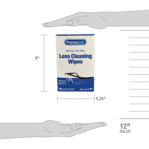 Front view of PhysiciansCare Lens Cleaning Wipes box, 100 pre-moistened wipes, anti-fog/anti-static for eyeglasses.