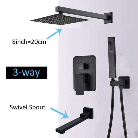 UMJIGF Shower System Wall Mounted Concealed Shower Faucet Set Multifunction Matte Black with 8-inch shower head and swivel spout.