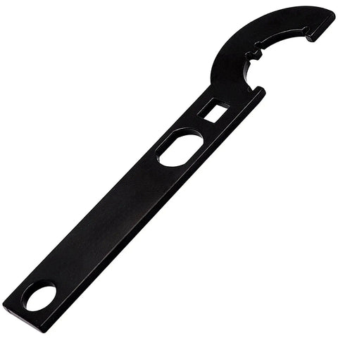 Beefy Carbon Steel Spanner With Collet Chuck For 38 To 42 Millimeter Round Nuts Three Eighths Inch Drive Opening Castle DIN 1804 Nut Removal And Installation Do It All Motorcycle Steering Stem Tool, heavy-duty carbon steel spanner for castle nuts.