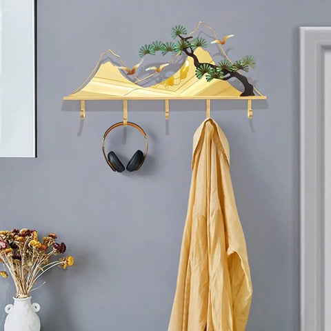 Sick Wall Mount Coat Rack with 5 Sturdy Hooks for Your Entryway Glow Up, heavy duty metal, golden design, hangs headphones and coat.