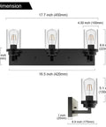 3 Light Dope Vintage Industrial Vanity Lights Over Mirror In Black Finish With Clear Glass Shades, dimensions shown