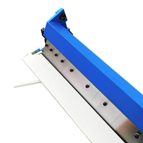 Front view of 24 Inch Box Pan Brake for 20 Gauge Sheet Metal, Bench Top Bender with 5 hardened removable fingers, blue and silver design