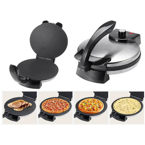 12 Inch Electric Roti Maker With Automatic Tortilla Press Function Adjustable Temperature Control Double Sided Heating Plates Indicator Lights for cooking various flatbreads.