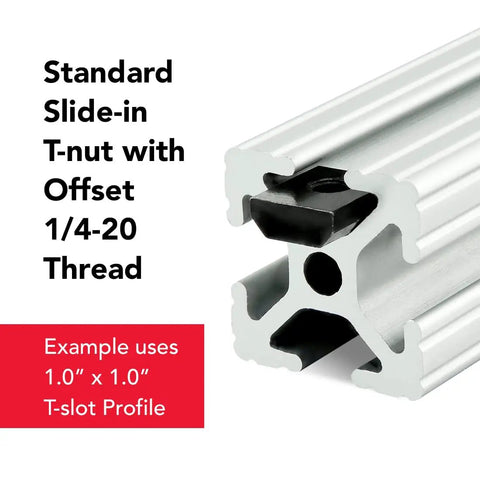 Rock Solid 1/4-20 Slide In T Nuts 25 Pack Black Zinc Coated Steel T Slot Extrusion Hardware shown with aluminum T-slot profile.