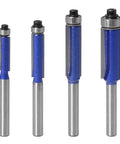 Four Piece Flush Trim Router Bit Set With One Quarter Inch Shank And Top Bearing Includes Cutting Diameters One Quarter Five Sixteenths Three Eighths And One Half Inch Industrial Carbide Cutters For Smooth Finishing On Solid Wood MDF Plywood And More