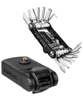 Ninja Master Plus 30 Function Bike Toolbox Kit with hex wrenches, chain tool, and spoke wrenches displayed next to compact case.