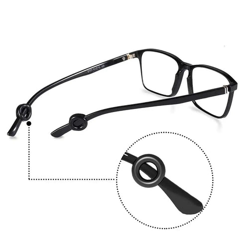 Black Eyeglass Frame Grips Hinge Tighteners Pack Of 10 For A Fast No Sweat Fix For Loose Frames detail view on eyeglass hinge.