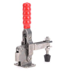 Rock Solid Quick Release Toggle Clamp Heavy Duty 500 Lb Stainless Steel Anti Slip Horizontal Hand Tool For Welding And Woodshop Projects With Beefy Pads, close-up view with red handle.
