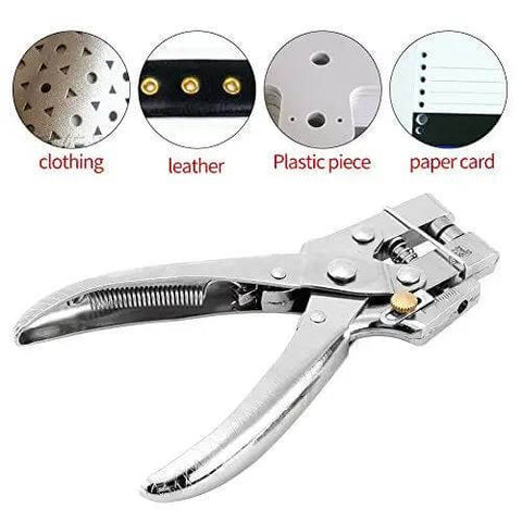 Heavy Duty Eyelet Pliers Kit with 100 Steel Eyelets, 6.5 Inch Grommet Tool for Plastic, Paper, and Card showing materials use
