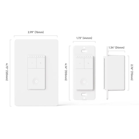 Smart Dimmer Switch With Neutral Wire Required For 2.4GHz WiFi dimensions and side view, works with Alexa, Google Assistant.