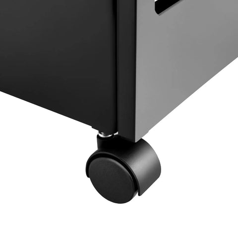 Professional 5 Tray Salon Rolling Cart With Smooth Gliding Wheels And Heaps Of Storage Space For Hair Stylists close-up of black wheel.