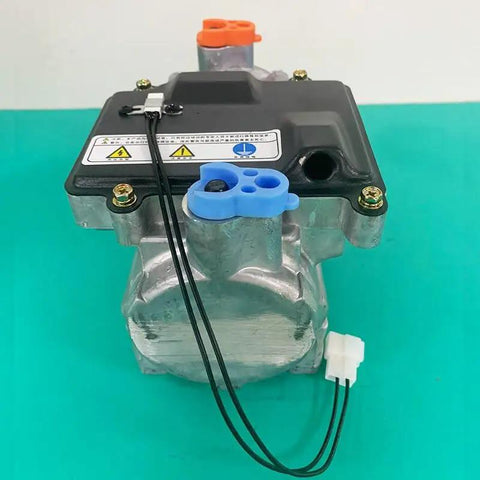 High Performance 12V 24V Electric AC Scroll Compressor For EV Buses Vans Trucks And Construction Equipment Excavator Cab Climate Control Unit, top view, connectors visible.