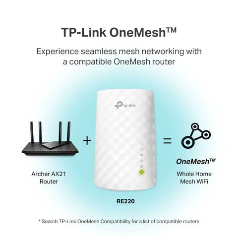 TP-Link OneMesh setup with Archer AX21 router and RE220 extender for whole home mesh WiFi connection illustration.