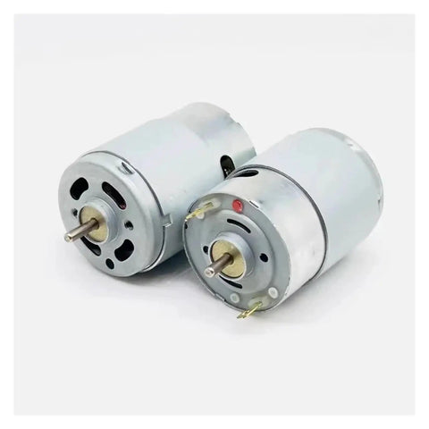 Two RS-385PH-18100 Mini Dual Shaft DC Motors with 28mm size and 2.3mm output shaft for RC cars, drones, and robotics projects.
