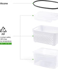 Illustration of 4 Pack Fridge Fruit Storage Containers With Removable Colanders, BPA-free clear design, highlighting silicone seal.