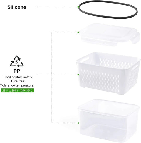 Illustration of 4 Pack Fridge Fruit Storage Containers With Removable Colanders, BPA-free clear design, highlighting silicone seal.