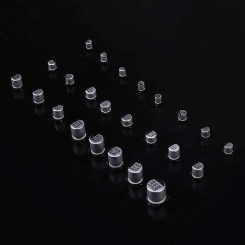 Complete Electrolytic Capacitors Assortment Kit With 400 Pieces From 1uF To 1000uF showcasing aluminum SMD bypass caps