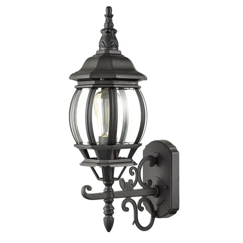 Two Pack Outdoor Wall Lanterns Waterproof Exterior Sconce Lights in Matte Black, vintage retro style, metal and clear glass design.
