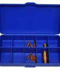 Premium Miller M Series M100 Mig Consumable Kit Includes Essential Nozzles And Tips For.035 Weld Wire in a blue storage case.