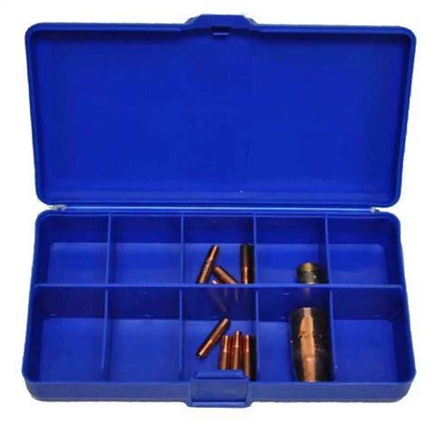 Premium Miller M Series M100 Mig Consumable Kit Includes Essential Nozzles And Tips For.035 Weld Wire in a blue storage case.