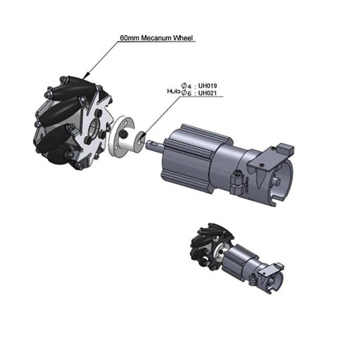 60mm mecanum wheel with 6mm hub and motor shaft, exploded view for Arduino robot