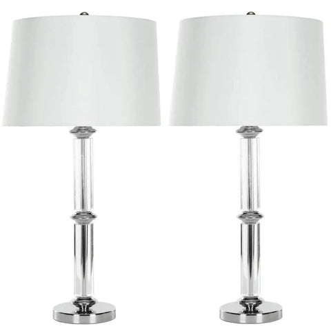 Vendome Modern Clear Glass 29 Inch Table Lamps Set of 2 With White Polyester Shades LED Bulbs Included Crystal Base Rotary Switch