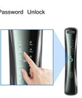 Slick Smart Door Lock With Built In Camera Rock Solid Fingerprint Reader Plus Secure Password IC Card Key Backup For Dead Simple Setup And Reliable Home Security, close-up of keypad with hand inputting password.